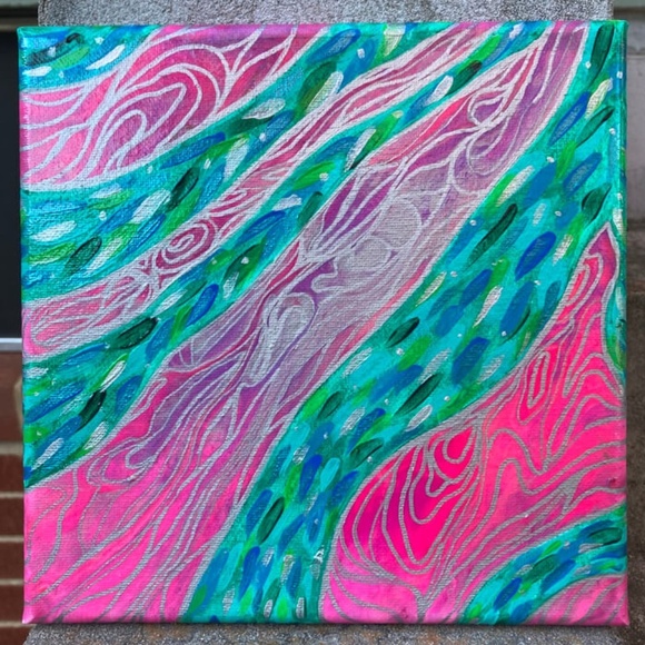 Color Fluent Art Other - Secret Garden 8"x8" Painting by Color Fluent Art (Pink/Silver/Blue/Green)